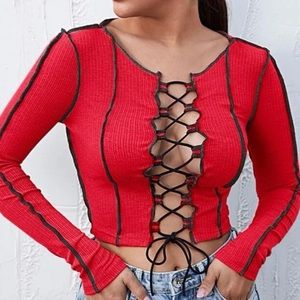 Red Lace Up Long Sleeve Top